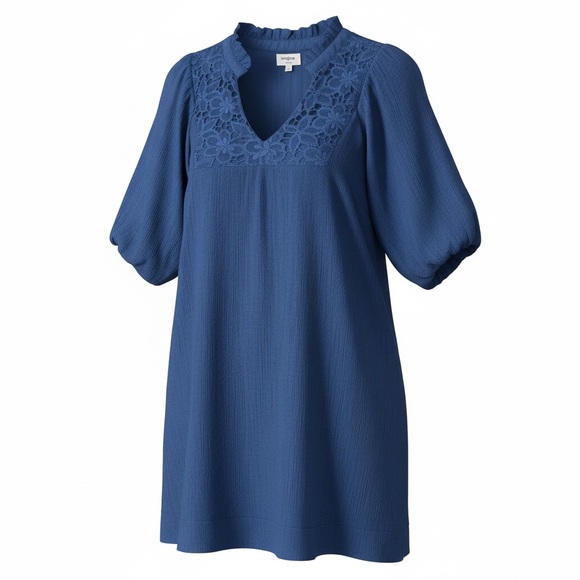 Umgee Navy Blue Boho Mini Dress Size L Lace Yoke V-Neck 3/4 Puff Sleeve, Lined - Picture 3 of 7
